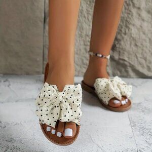 Polka Dot Bow Flat Slides - Non Slip Open Toe Sandals Size 10